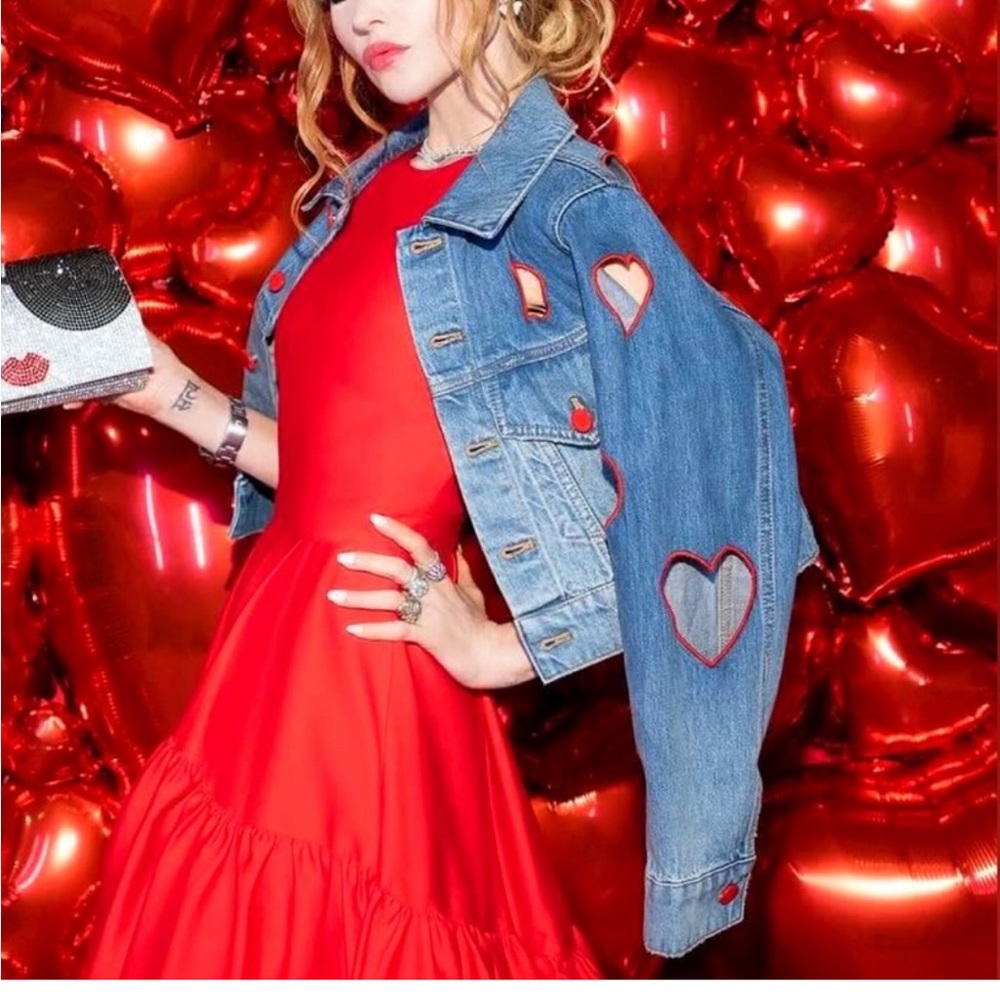 Alice and Olivia red embellished hearts denim jacket
